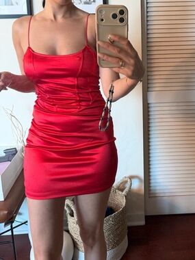 Red Satin Spaghetti-Strap Bodycon Dress